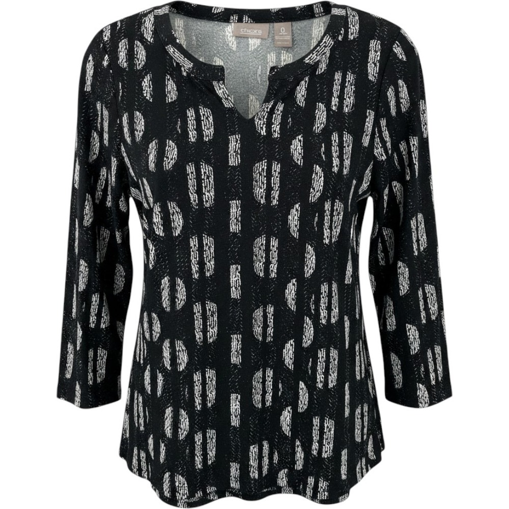 Chicos Black White Abstract Geometric Split Neck 3/4 Sleeve Top Career Size 0 S